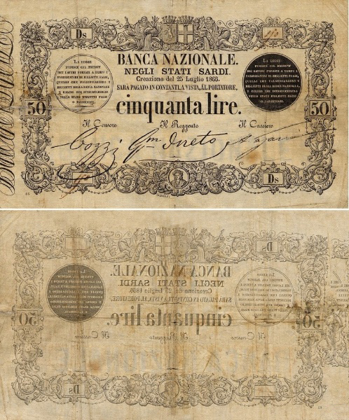 Banconota 50 Lire  -  Regno d'Italia - 1857 