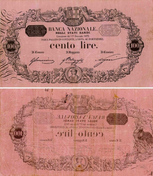 Banconota 100 Lire  -  Regno d'Italia - 1851 
