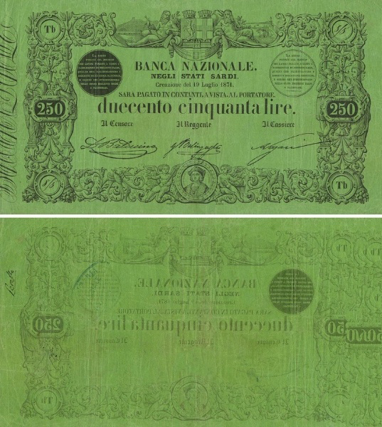 Banconota 250 Lire  -  Regno d'Italia - 1851 