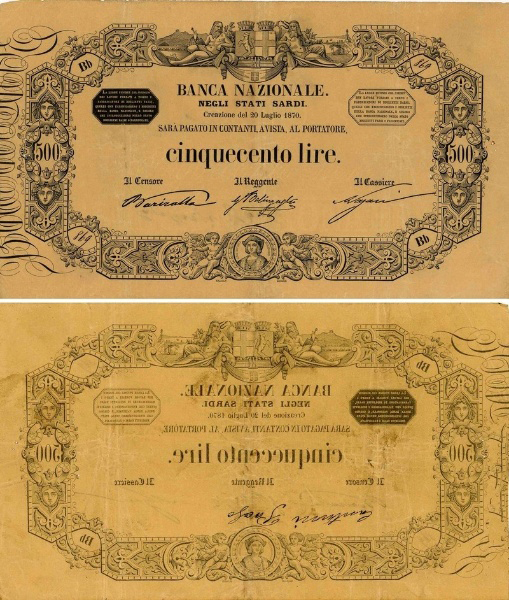 Banconota 500 Lire  -  Regno d'Italia - 1851 