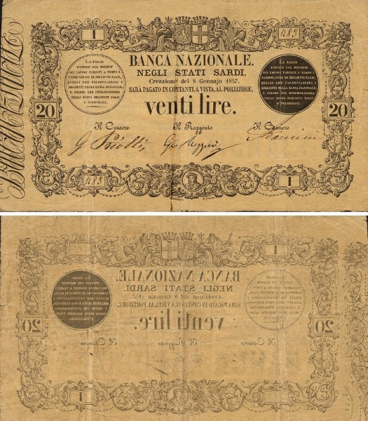 Banconota 20 Lire  -  Regno d'Italia - 1860 