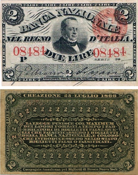 Banconota 2 Lire  -  Regno d'Italia - 1866 
