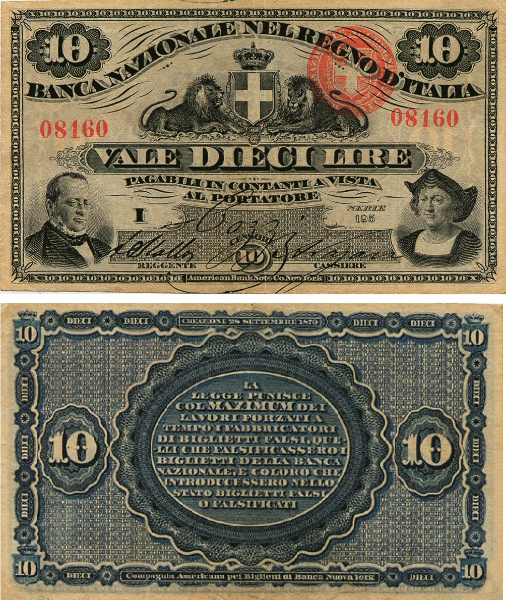 Banconota 10 Lire "Nuovo Tipo" -  Regno d'Italia - 1866 