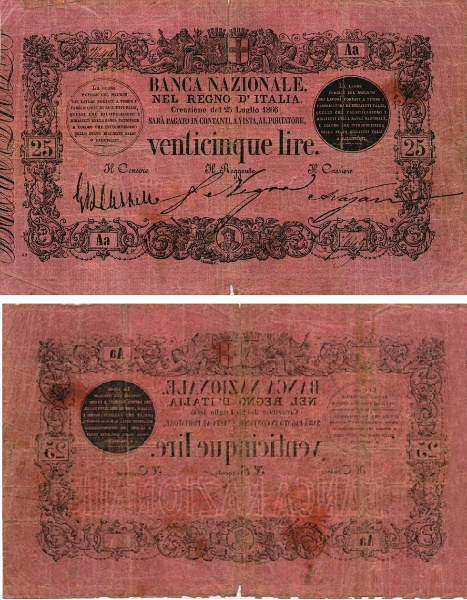 Banconota 25 Lire "1° Tipo" -  Regno d'Italia - 1866 