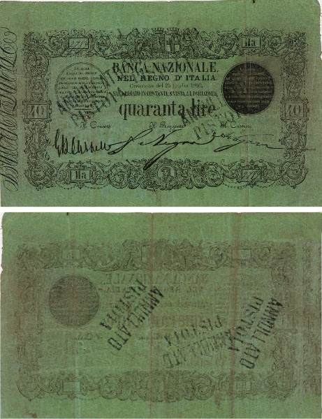 Banconota 40 Lire  -  Regno d'Italia - 1866 