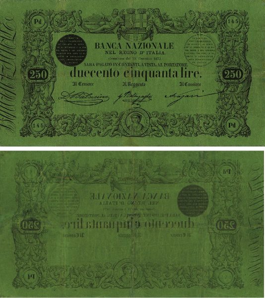Banconota 250 Lire  -  Regno d'Italia - 1873 