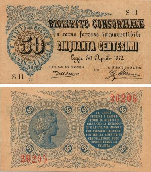Banconota 50 Centesimi di Lire  -  Regno d'Italia - 1875 