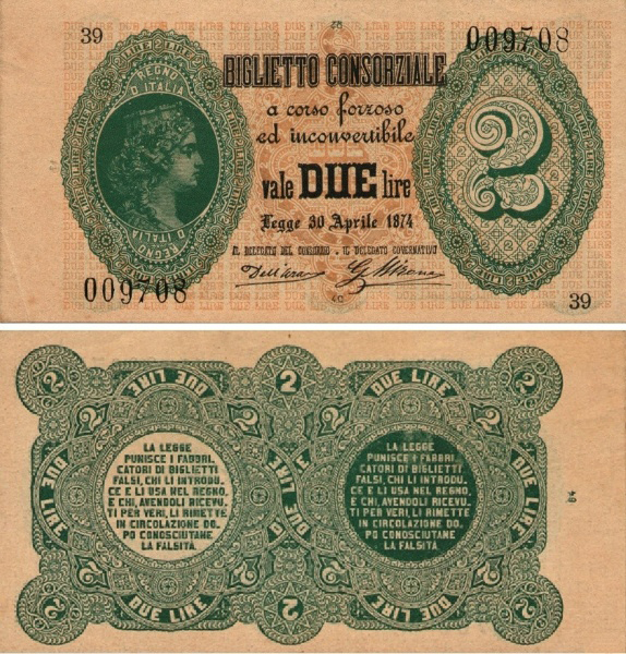 Banconota 2 Lire  -  Regno d'Italia - 1876 