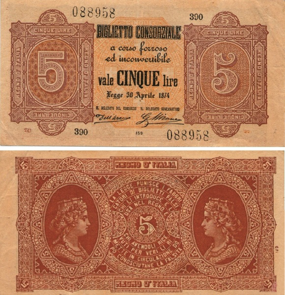 Banconota 5 Lire  -  Regno d'Italia - 1876 