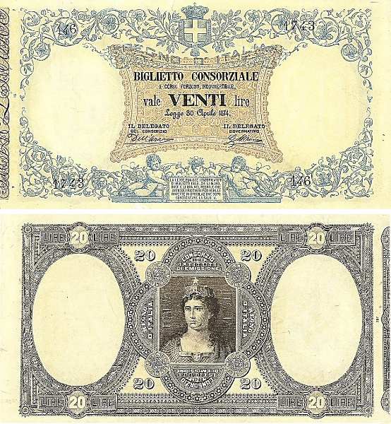 Banconota 20 Lire  -  Regno d'Italia - 1877 
