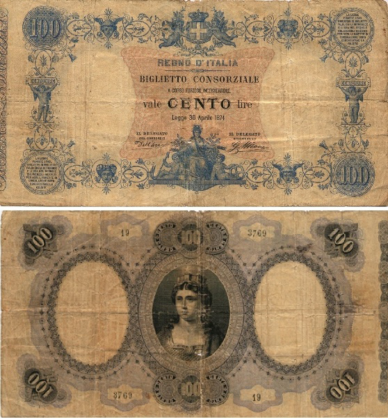Banconota 100 Lire  -  Regno d'Italia - 1877 