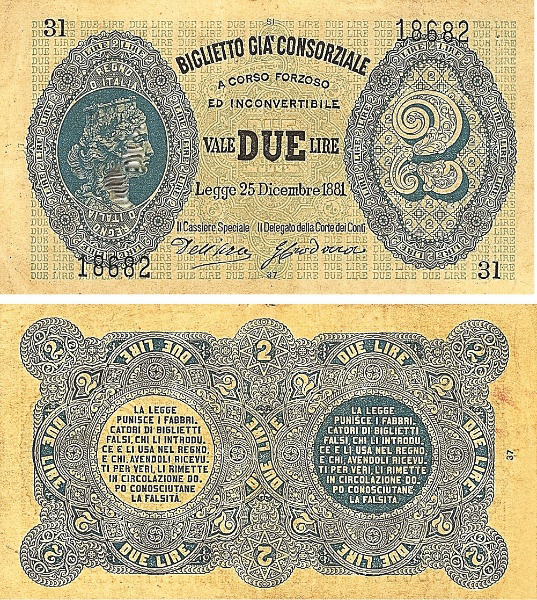 Banconota 2 Lire  -  Regno d'Italia - 1881 