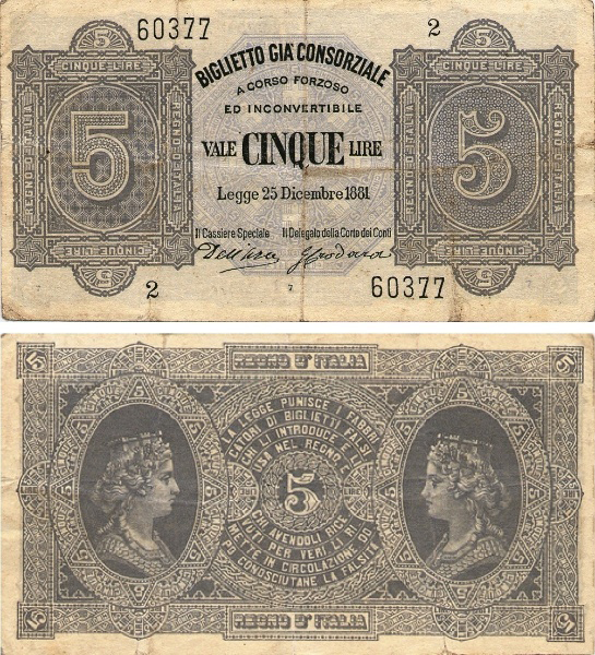 Banconota 5 Lire  -  Regno d'Italia - 1882 