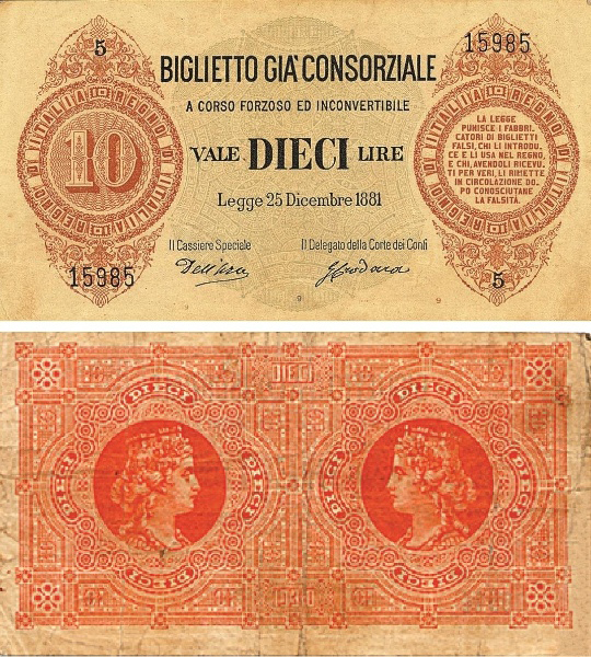 Banconota 10 Lire  -  Regno d'Italia - 1883 