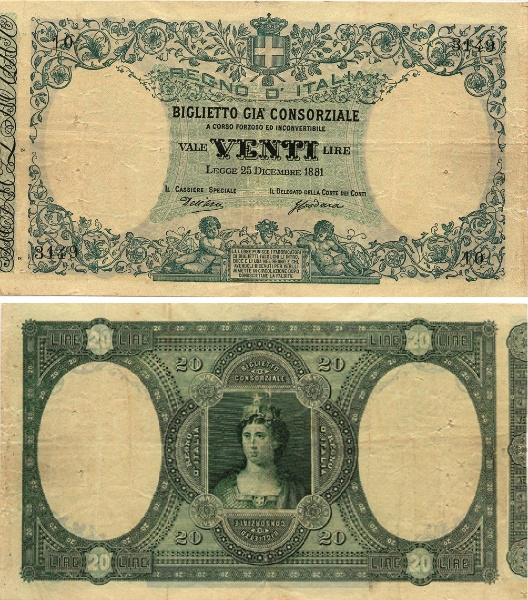 Banconota 20 Lire  -  Regno d'Italia - 1882 
