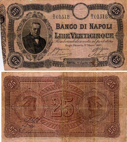 Banconota 25 Lire "Cavour" -  Regno d'Italia - 1883 