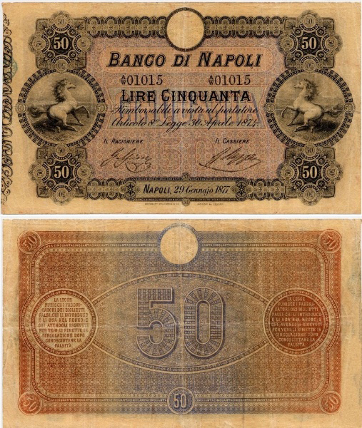Banconota 50 Lire "Cavallini" -  Regno d'Italia - 1877 