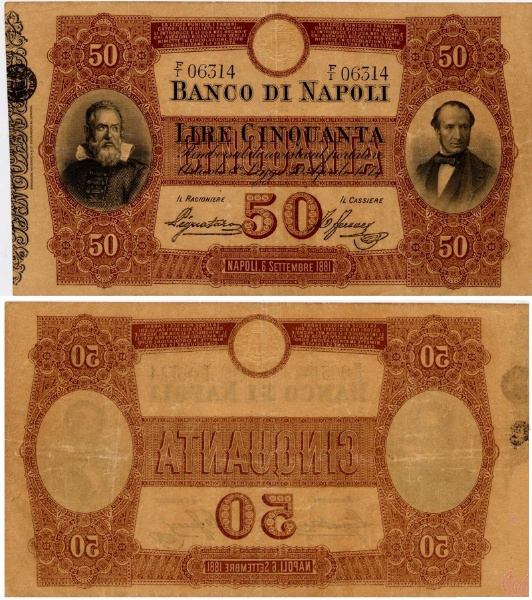 Banconota 50 Lire "Galilei, Manna" -  Regno d'Italia - 1881 