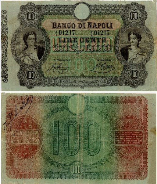 Banconota 100 Lire "Cecere" -  Regno d'Italia - 1877 