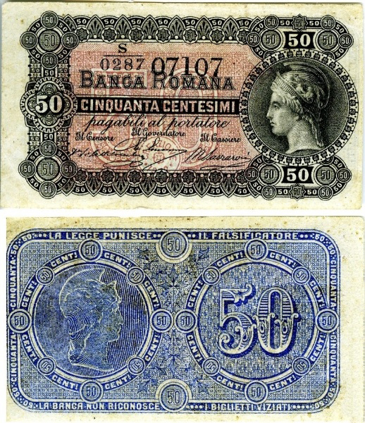 Banconota 50 Centesimi di Lire  -  Regno d'Italia - 1872 