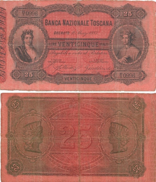 Banconota 25 Lire  -  Regno d'Italia - 1883 
