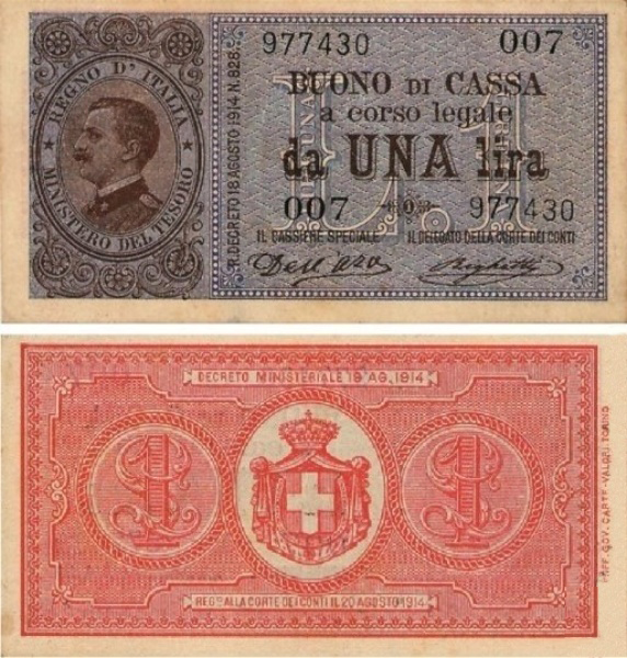 Banconota 1 Lira "Vittorio Emanuele III" -  Regno d'Italia - 1914 