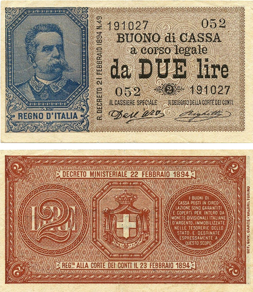 Banconota 2 Lire "Umberto I" -  Regno d'Italia - 1897 