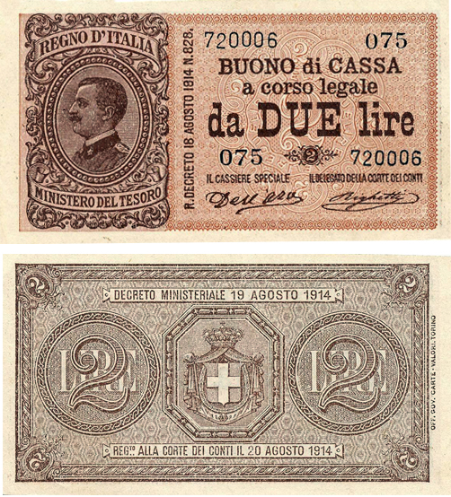 Banconota 2 Lire "Vittorio Emanuele III" -  Regno d'Italia - 1914 