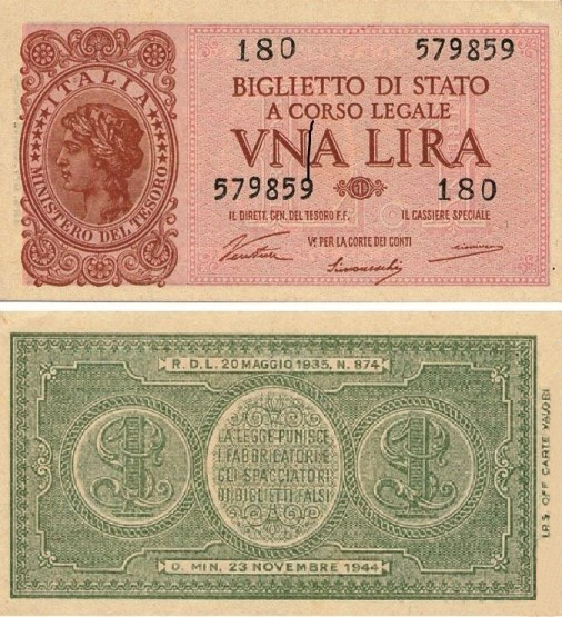 Banconota 1 Lira "Italia Laureata" -  Regno d'Italia - 1944 