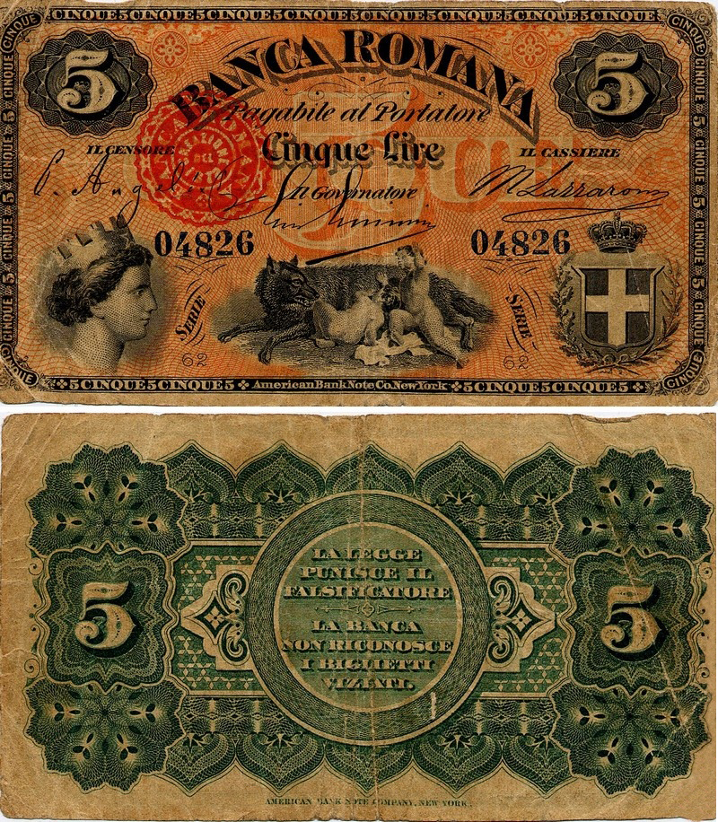 Banconota 5 Lire  -  Regno d'Italia - 1872 