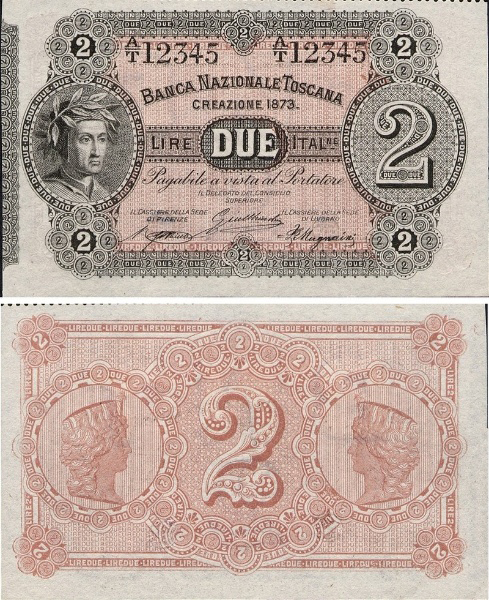 Banconota 2 Lire  -  Regno d'Italia - 1873 