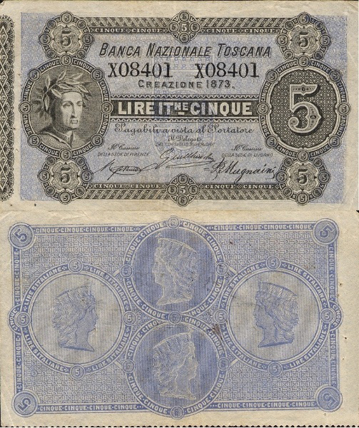 Banconota 5 Lire  -  Regno d'Italia - 1873 