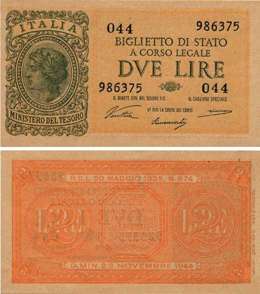 Banconota 2 Lire "Italia Laureata" -  Regno d'Italia - 1944 