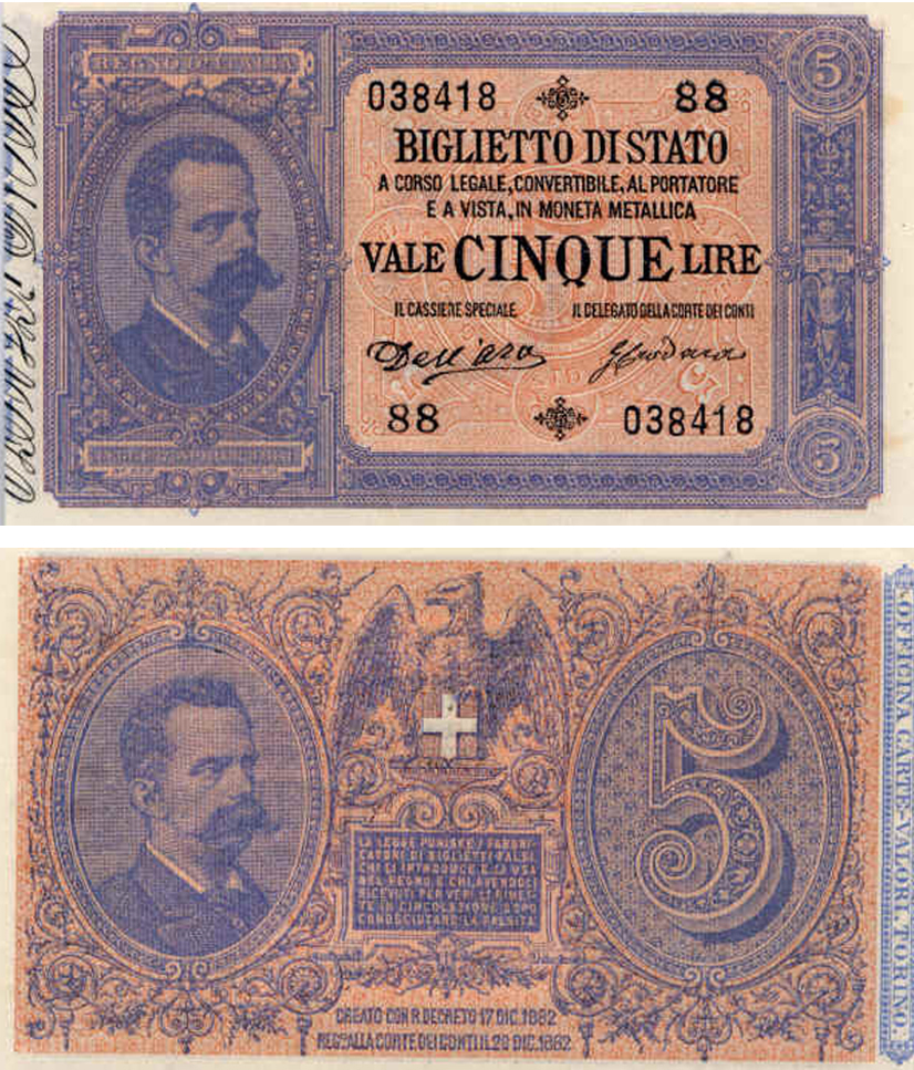 Banconota 5 Lire "Umberto I" -  Regno d'Italia - 1882 