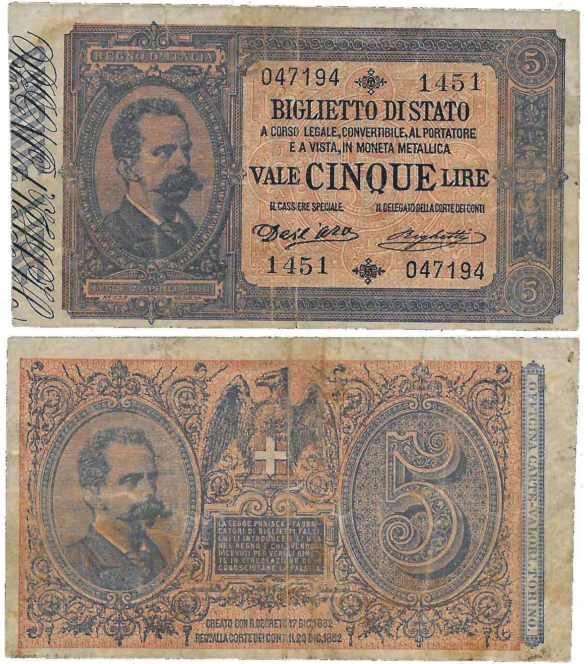 Banconota 5 Lire "Vittorio Emanuele III (Effigie di Umberto I)" -  Regno d'Italia - 1901 