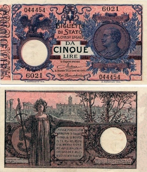 Banconota 5 Lire "Vittorio Emanuele III" -  Regno d'Italia - 1918 