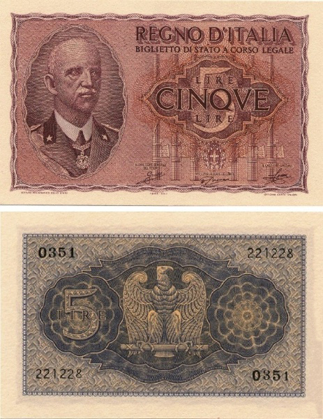 Banconota 5 Lire "Impero" -  Regno d'Italia - 1940 