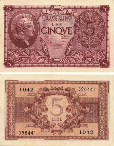Banconota 5 Lire "Atena Elmata" -  Regno d'Italia - 1944 