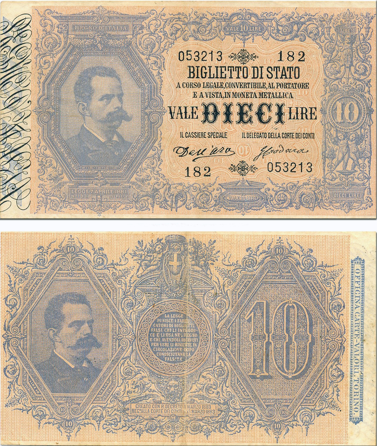 Banconota 10 Lire "Umberto I Doppia Effigie" -  Regno d'Italia - 1883 