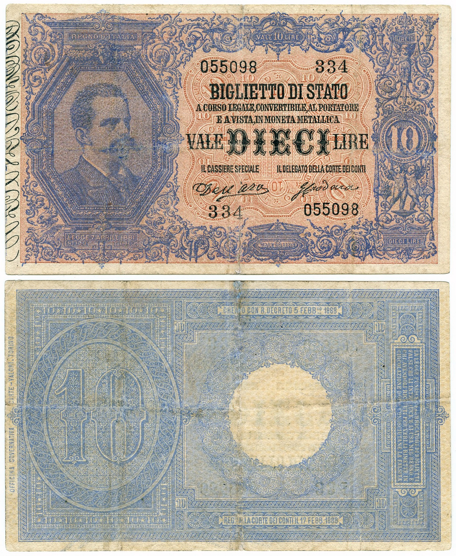 Banconota 10 Lire "Umberto I" -  Regno d'Italia - 1892 
