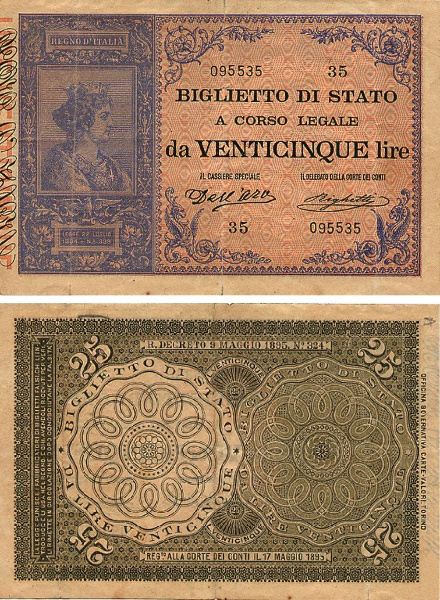Banconota 25 Lire "Umberto I" -  Regno d'Italia - 1895 