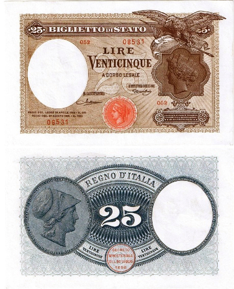 Banconota 25 Lire "Aquila Latina - Tipologia 1" -  Regno d'Italia - 1923 
