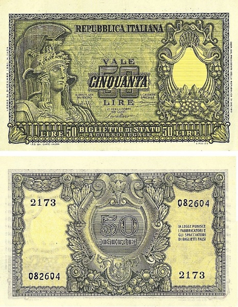Banconota 50 Lire "Italia Elmata" -  Italia - 1951 
