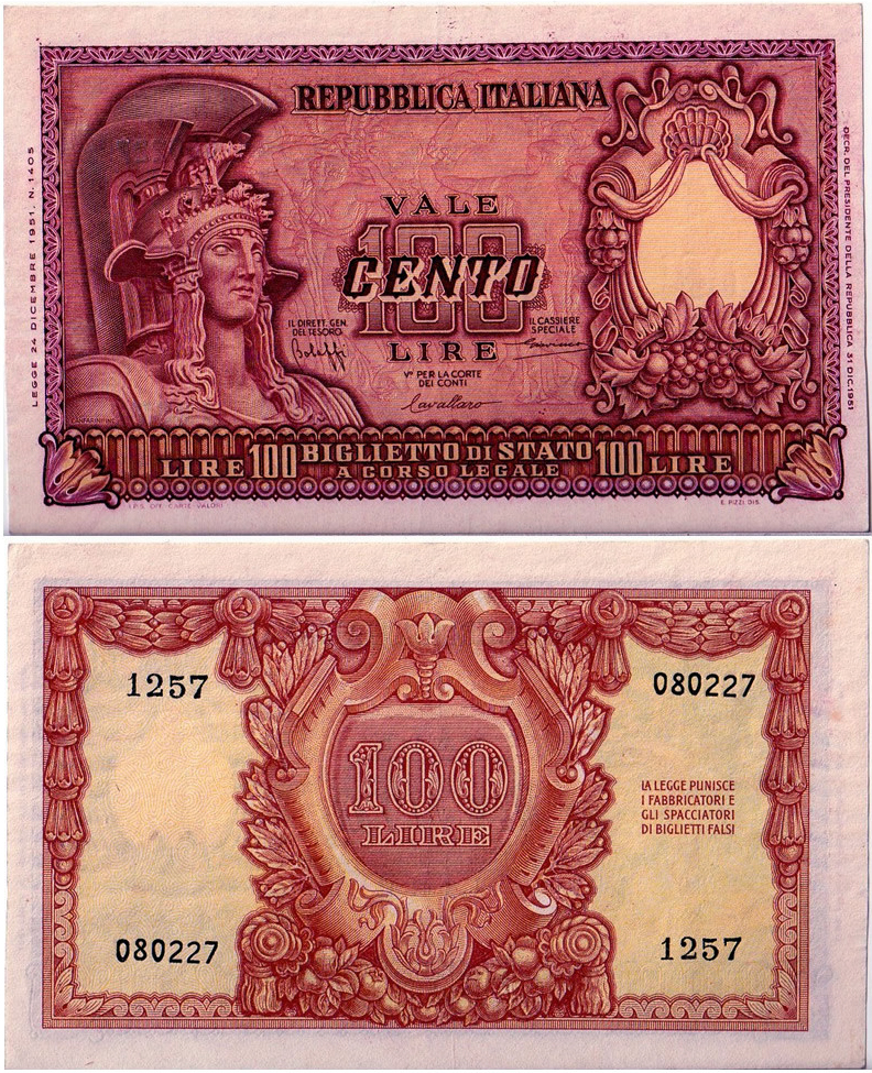 Banconota 100 Lire "Italia Elmata" -  Italia - 1951 
