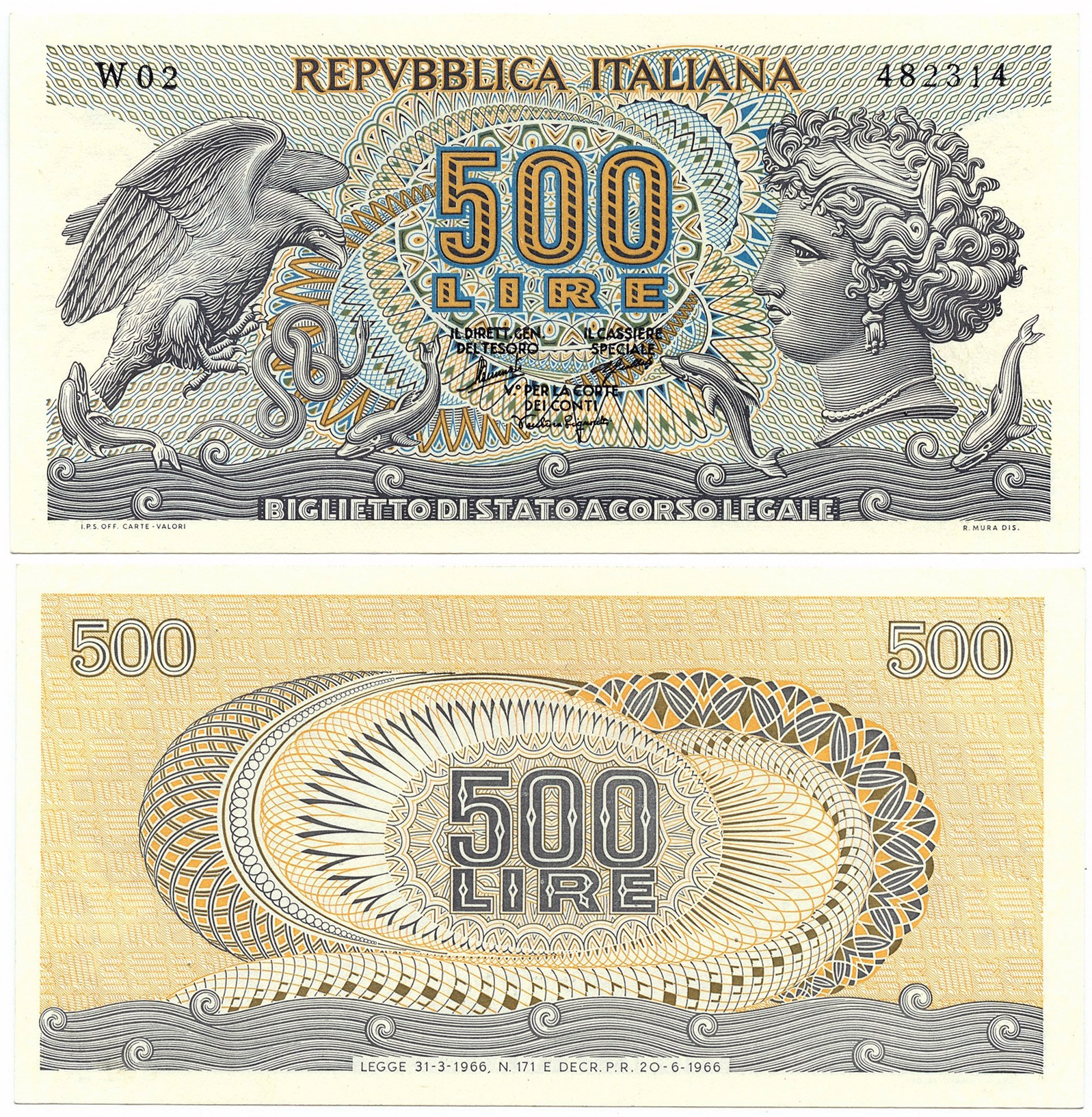 Banconota 500 Lire "Aretusa - Serie Sostitutiva" -  Italia - 1966 