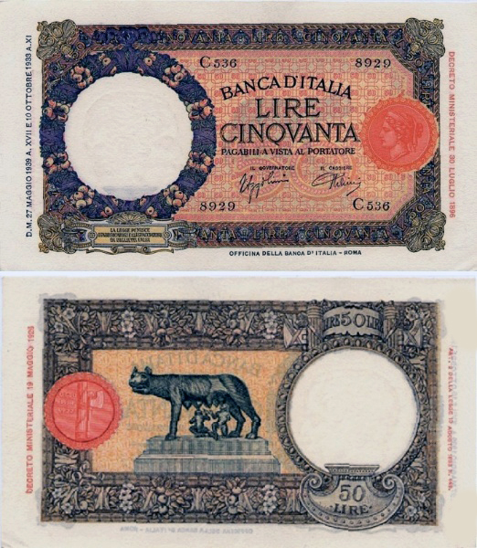 Banconota 50 Lire "Lupetta (Fascio) Roma - 1° Tipo" -  Regno d'Italia - 1933 