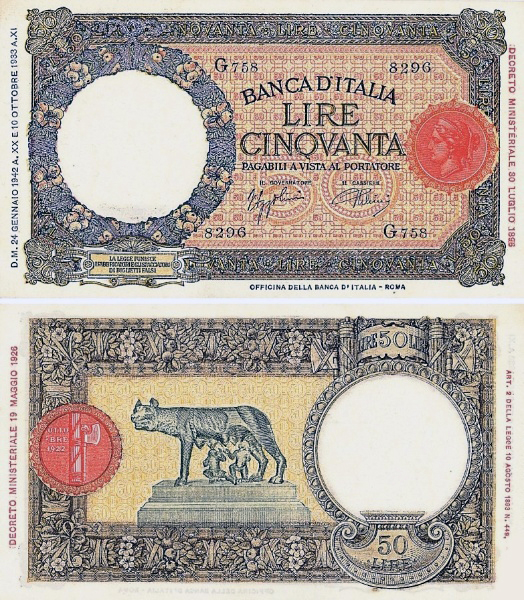 Banconota 50 Lire "Lupetta (Fascio) Roma - 2° Tipo" -  Regno d'Italia - 1941 