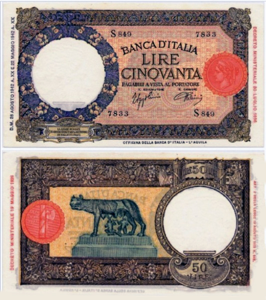 Banconota 50 Lire "Lupetta (Fascio) L'Aquila" -  Regno d'Italia - 1943 