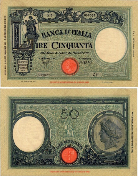 Banconota 50 Lire "Grande "L" (Fascio)" -  Regno d'Italia - 1943 