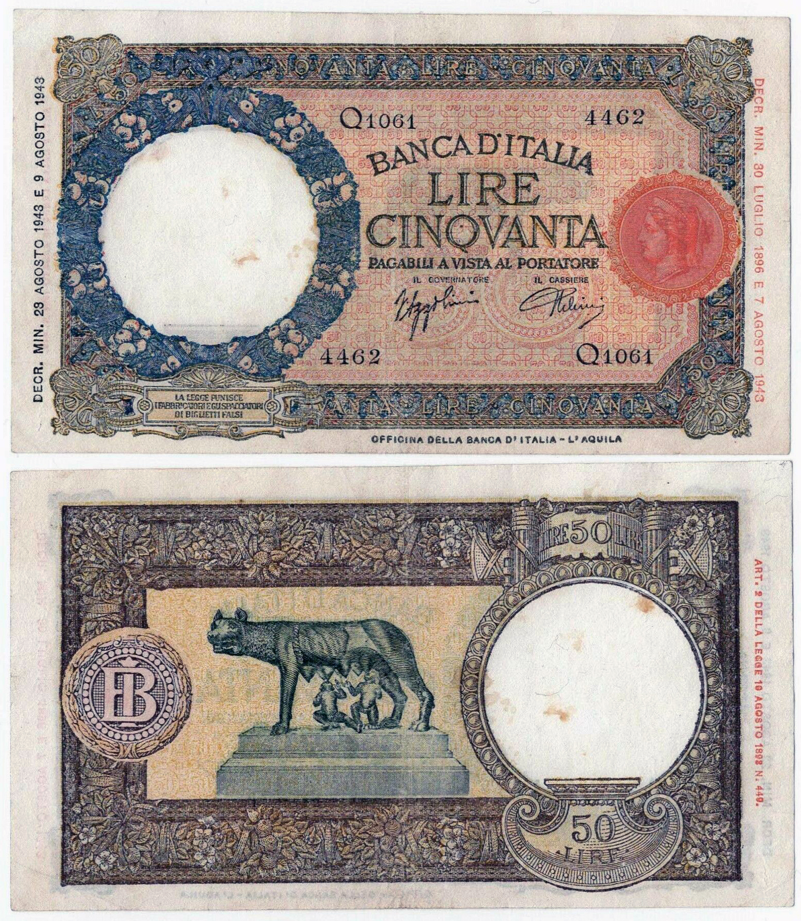 Banconota 50 Lire "Lupetta Capitolina (B.I.)" -  Regno d'Italia - 1944 